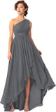 Women's One Shoulder Bridesmaid Dresses High Low Chiffon Formal Party Gowns with Pockets