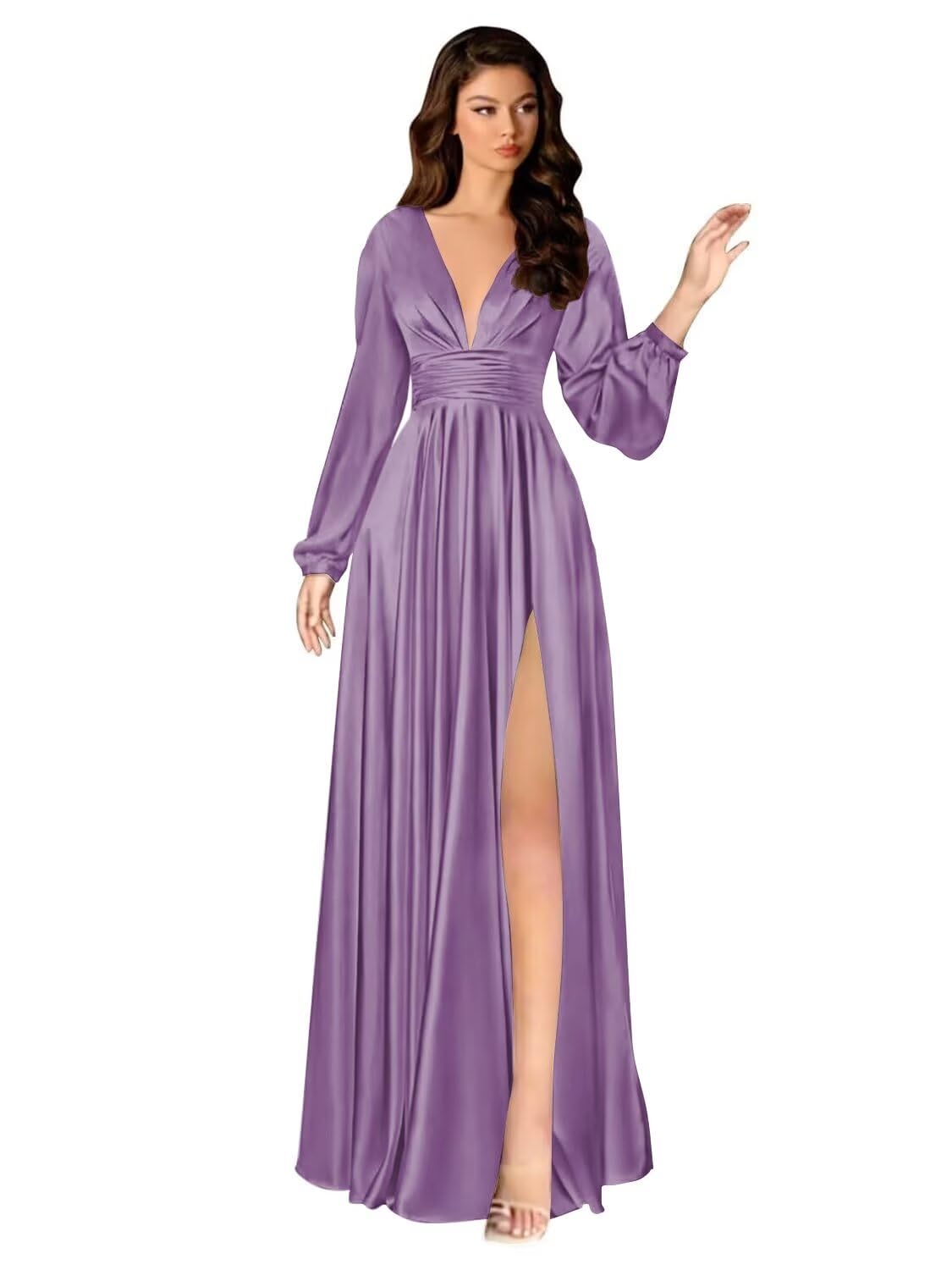 Kingbridal Gowns Long Sleeve Satin Bridesmaid Dresses for Women Long A-Line V-Neck Pleated Formal Evening Party Ball Gown with Slit