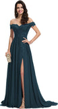 Women's Off The Shoulder Long Prom Dresses with Slit Lace Appliqued Chiffon Formal Party Gowns
