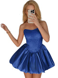 Strapless Satin Homecoming Dresses for Teens Jacquard Short Prom Dress A-line Cocktail Party Gowns with Pockets