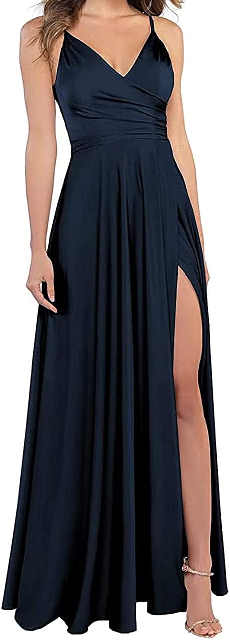 Lange Brautjungfernkleider für Frauen, formelle Satin-Spaghettiträger, Abschlussball- und Abendkleider 