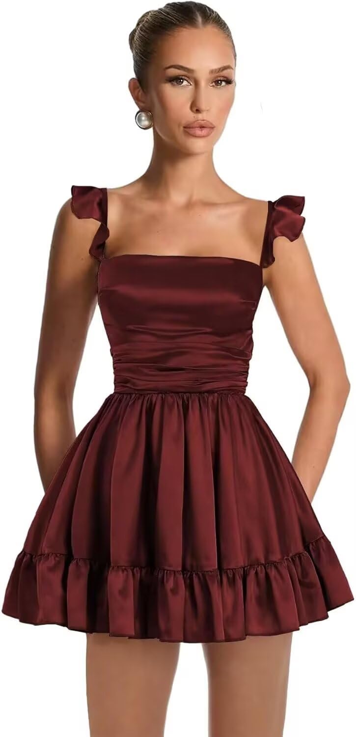 Satin Homecoming Dresses for Teens 2027 A-line Ruched Square Neck Short Prom Formal Cocktail Gowns with Pockets