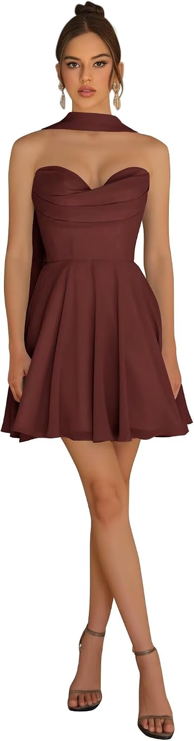 Strapless Homecoming Dresses for Teens 2026 Chiffon Short Prom Dress with Scarf A-line Pleated Cocktail Party Gown