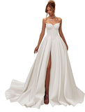 Kingbridal Gowns Strapless Prom Dresses for Women 2026 Long Satin A-line Formal Dress with Slit Beaded Corset Evening Party Gowns