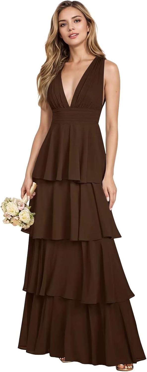 V Neck Chiffon Bridesmaid Dresses for Women 2027 Long Tiered A-Line Ruffles Formal Evening Party Dress