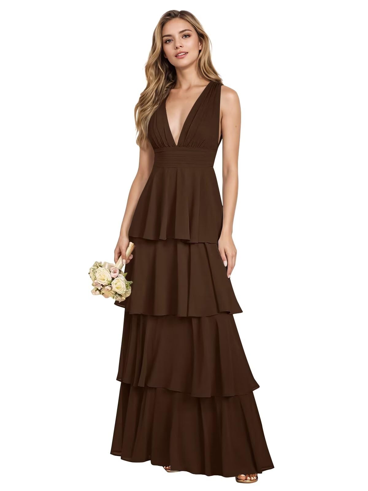 V Neck Chiffon Bridesmaid Dresses for Women 2027 Long Tiered A-Line Ruffles Formal Evening Party Dress