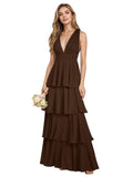 V Neck Chiffon Bridesmaid Dresses for Women 2027 Long Tiered A-Line Ruffles Formal Evening Party Dress