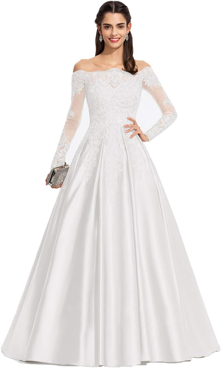 Vestidos de fiesta formales de satén con apliques de encaje y hombros descubiertos para mujer, con mangas largas