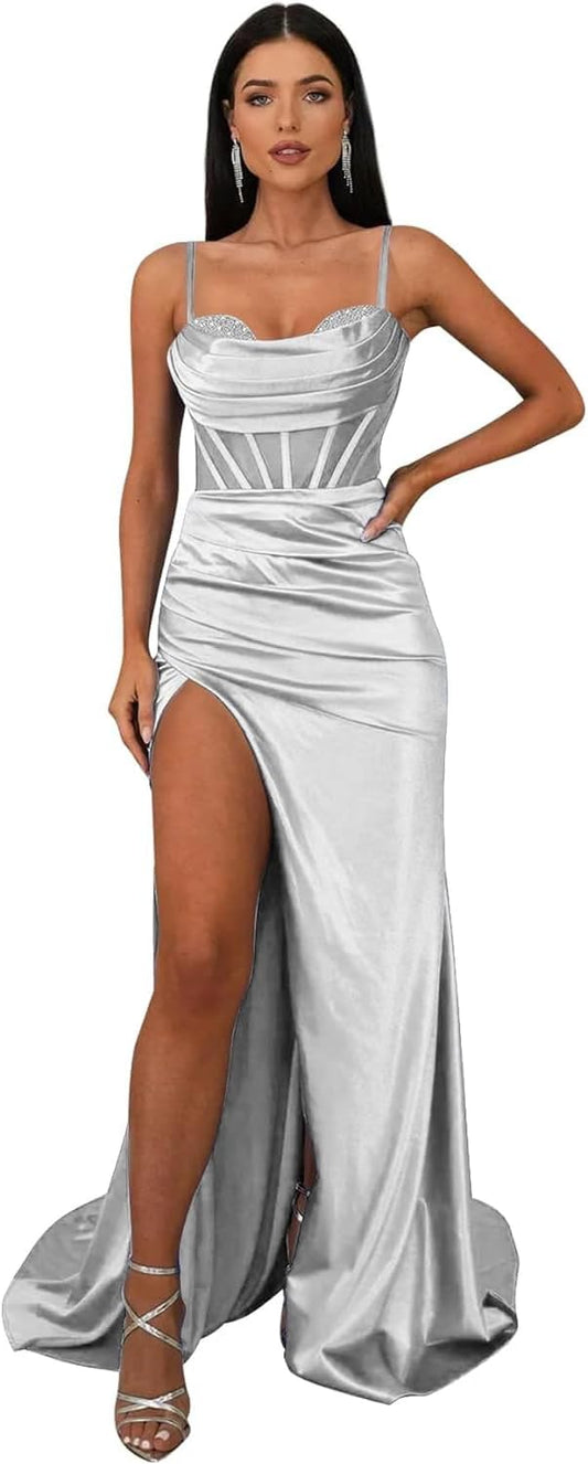 Ballkleider mit Wasserfallausschnitt, langen Spaghettiträgern, Illusion-Meerjungfrauen-Korsett, formelles Abendkleid mit Schlitz 