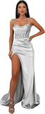 Ballkleider mit Wasserfallausschnitt, langen Spaghettiträgern, Illusion-Meerjungfrauen-Korsett, formelles Abendkleid mit Schlitz 