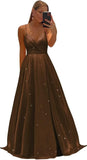 Women's Spaghetti Straps Prom Dresses Long V-Neck Sparkling Bridesmaid Dresses Formal Evening Gowns with High Slit