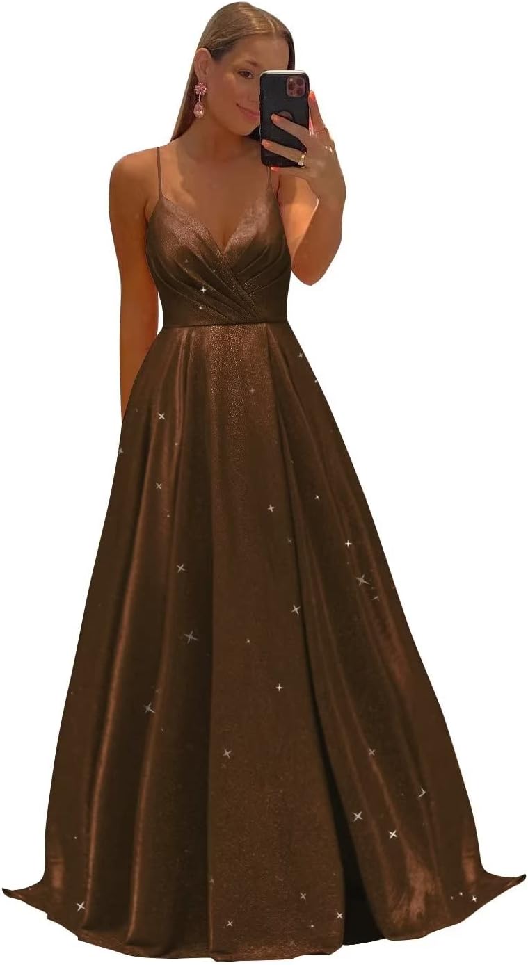 Women's Spaghetti Straps Prom Dresses Long V-Neck Sparkling Bridesmaid Dresses Formal Evening Gowns with High Slit