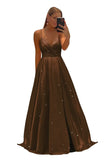Women's Spaghetti Straps Prom Dresses Long V-Neck Sparkling Bridesmaid Dresses Formal Evening Gowns with High Slit
