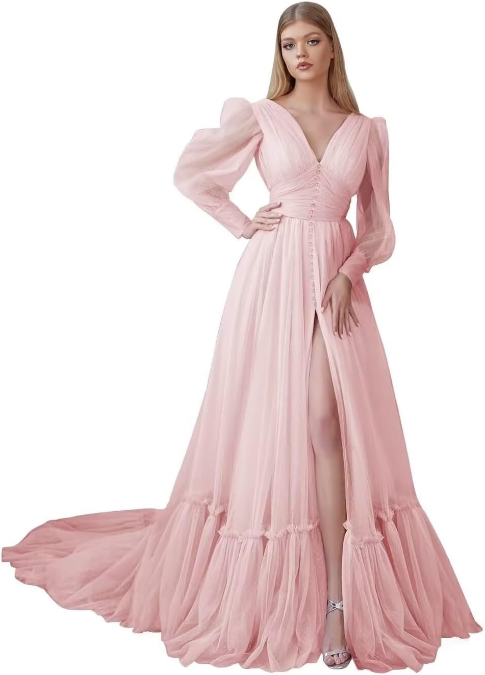 Puffy Sleeve Tulle Prom Dresses Long Ball Gown with Slit for Women 2027 V Neck Long Formal Evening Gowns