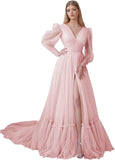 Puffy Sleeve Tulle Prom Dresses Long Ball Gown with Slit for Women 2027 V Neck Long Formal Evening Gowns