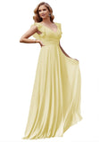 Women's V Neck Ruffle Chiffon Bridesmaid Dresses Long with Pockets Ruched Formal Dresses