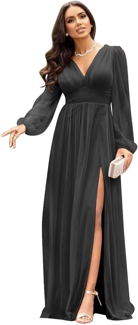 Langärmlige Brautjungfernkleider für Hochzeiten, V-Ausschnitt, formelles Kleid mit Schlitz, Chiffon-Ballkleid