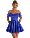 Off Shoulder Satin Homecoming Dresses for Teens 2026 Short Prom Dress A-line Pleated Cocktail Party Gowns