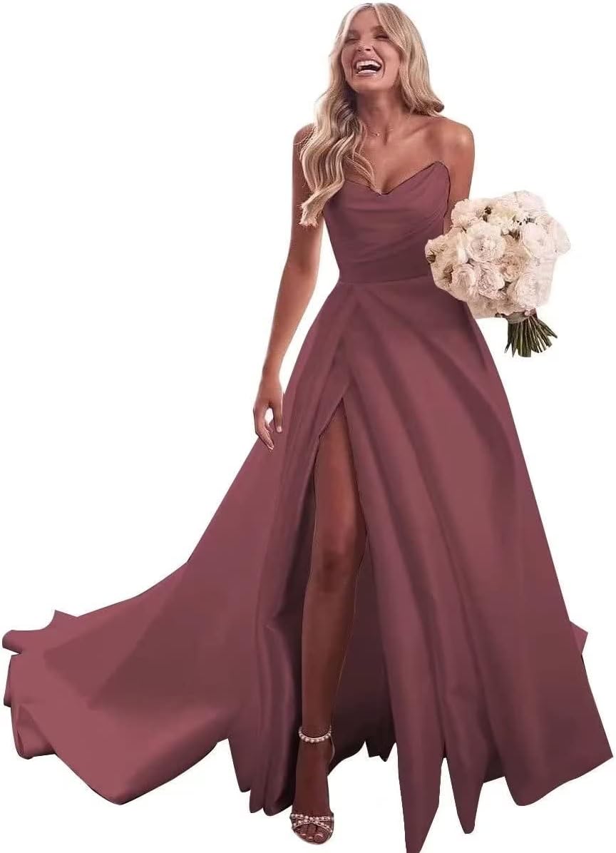 Trägerloses Ballkleid, langes Ballkleid, Satin-Brautkleid für die Braut, A-Linie, formelle Abendkleider mit Schlitz 