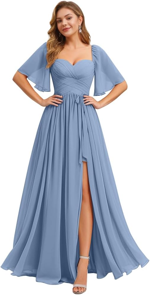 Women's Chiffon Bridesmaid Dresses for Wedding Flutter Sleeves Ruched A Line Long Formal Dress with Slit
