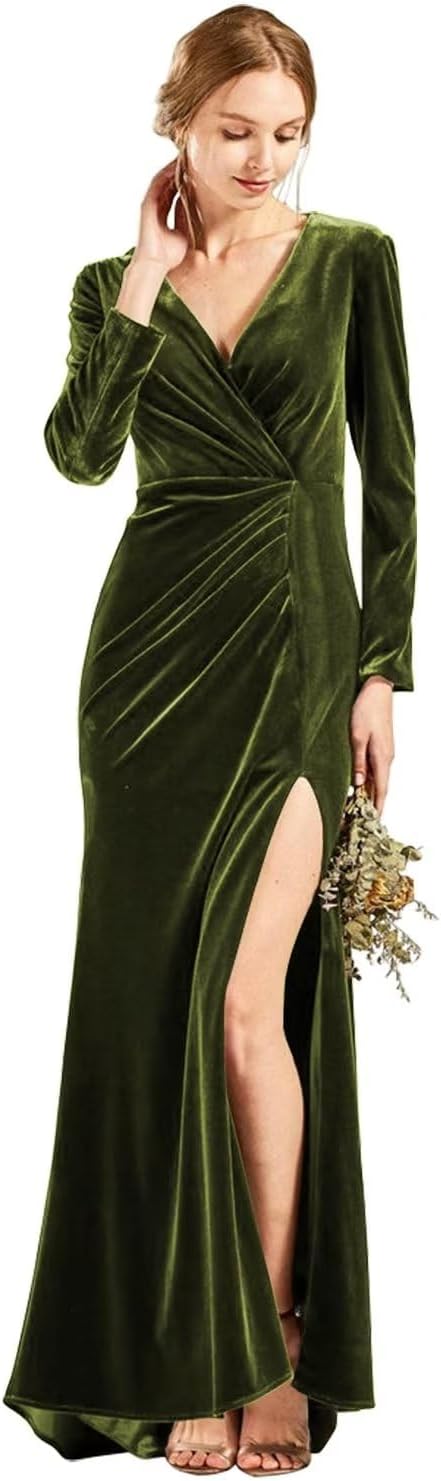 Langärmliges Brautjungfernkleid aus Samt mit Schlitz, V-Ausschnitt, Meerjungfrau-Stil, formelles Kleid für Damen
