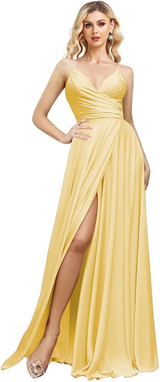 V Neck Satin Bridesmaid Dresses Spaghetti Straps Prom Dress Slit Wedding Formal Evening Party Dress