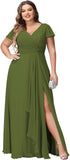 Vestidos de dama de honor de talla grande con mangas con volantes y bolsillos, vestido formal largo con escote en V y abertura. 