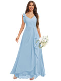 Chiffon Bridesmaid Dresses for Women Ruffles V Neck Flowy Long Formal Evening Dress with Bow