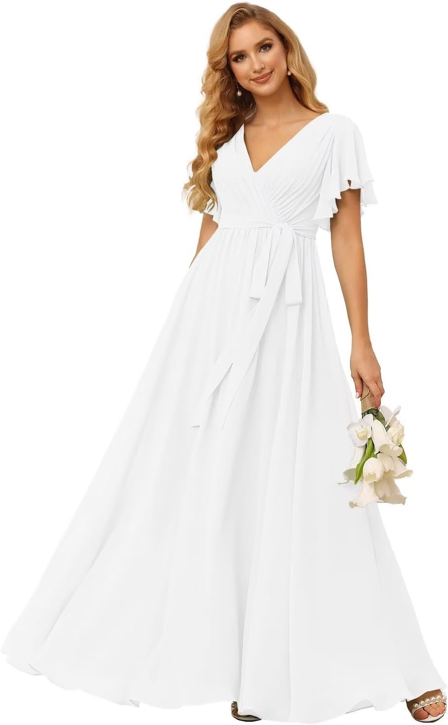 Damen Brautjungfernkleider mit Flatterärmeln, lang, mit Taschen, V-Ausschnitt, Chiffon, formelle Kleider 