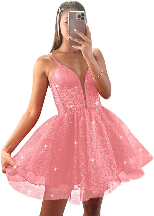 Glitter Tulle Homecoming Dresses for Teens Spaghetti V Neck Short Prom Dresses A Line Mini Cocktail Party Gowns