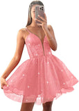 Glitter Tulle Homecoming Dresses for Teens Spaghetti V Neck Short Prom Dresses A Line Mini Cocktail Party Gowns
