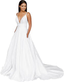 V Neck Satin Wedding Dresses for Bride A Line Beach Boho Backless Lace Bridal Gowns