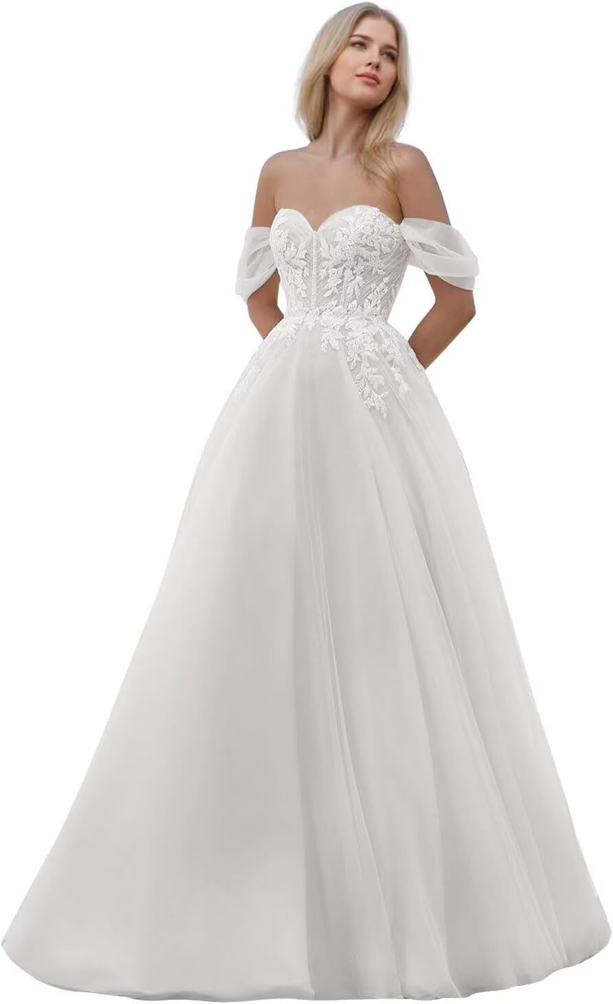 Kingbridal Gowns Lace Appliques Wedding Dresses for Bride Long V Neck Tulle Chiffon A-line Sleeveless Bridal Ball Gown for Women