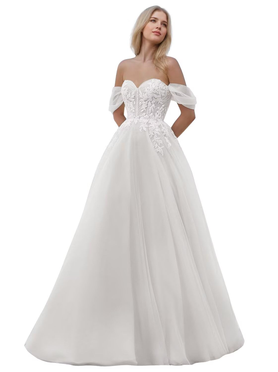 Kingbridal Gowns Lace Appliques Wedding Dresses for Bride Long V Neck Tulle Chiffon A-line Sleeveless Bridal Ball Gown for Women