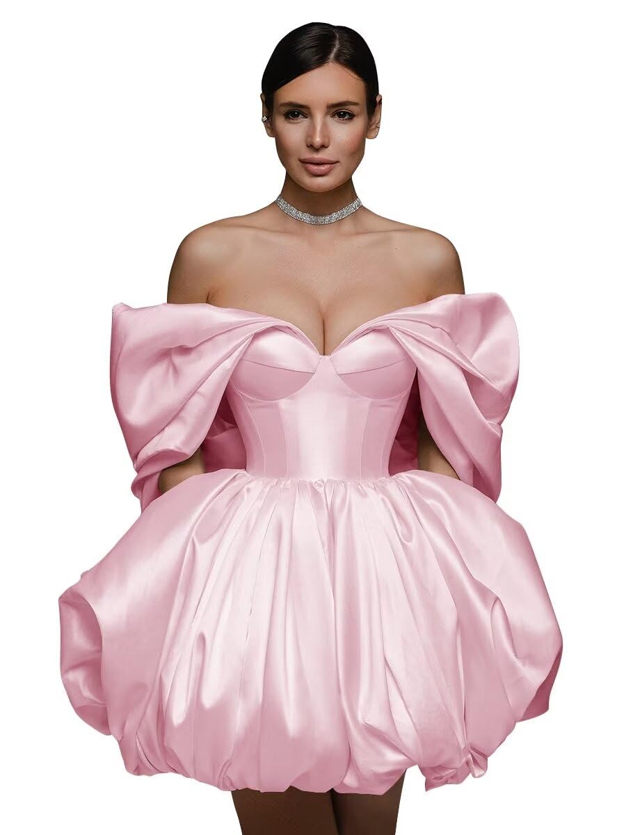 Off The Shoulder Short Wedding Dresses for Bride Puffy Satin Bridal Dresses w/Pockets Strapless Formal Ball Gowns