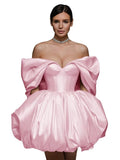 Off The Shoulder Short Wedding Dresses for Bride Puffy Satin Bridal Dresses w/Pockets Strapless Formal Ball Gowns