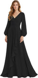 Women's Chiffon Bridesmaid Dresses Long Sleeve Ruffles V-Neck Pleated Formal Wedding Guest Dresses Mother of the bride Dress
