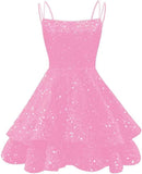 Spaghetti Straps Sequin Homecoming Dresses for Teens Sparkly Tiered Short Prom Dress 2026 Mini Cocktail Party Gown