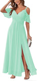 Women's Cold Shoulder Bridesmaid Dresses Long Summer Side Slit Chiffon Formal Evening Gown with Pockets