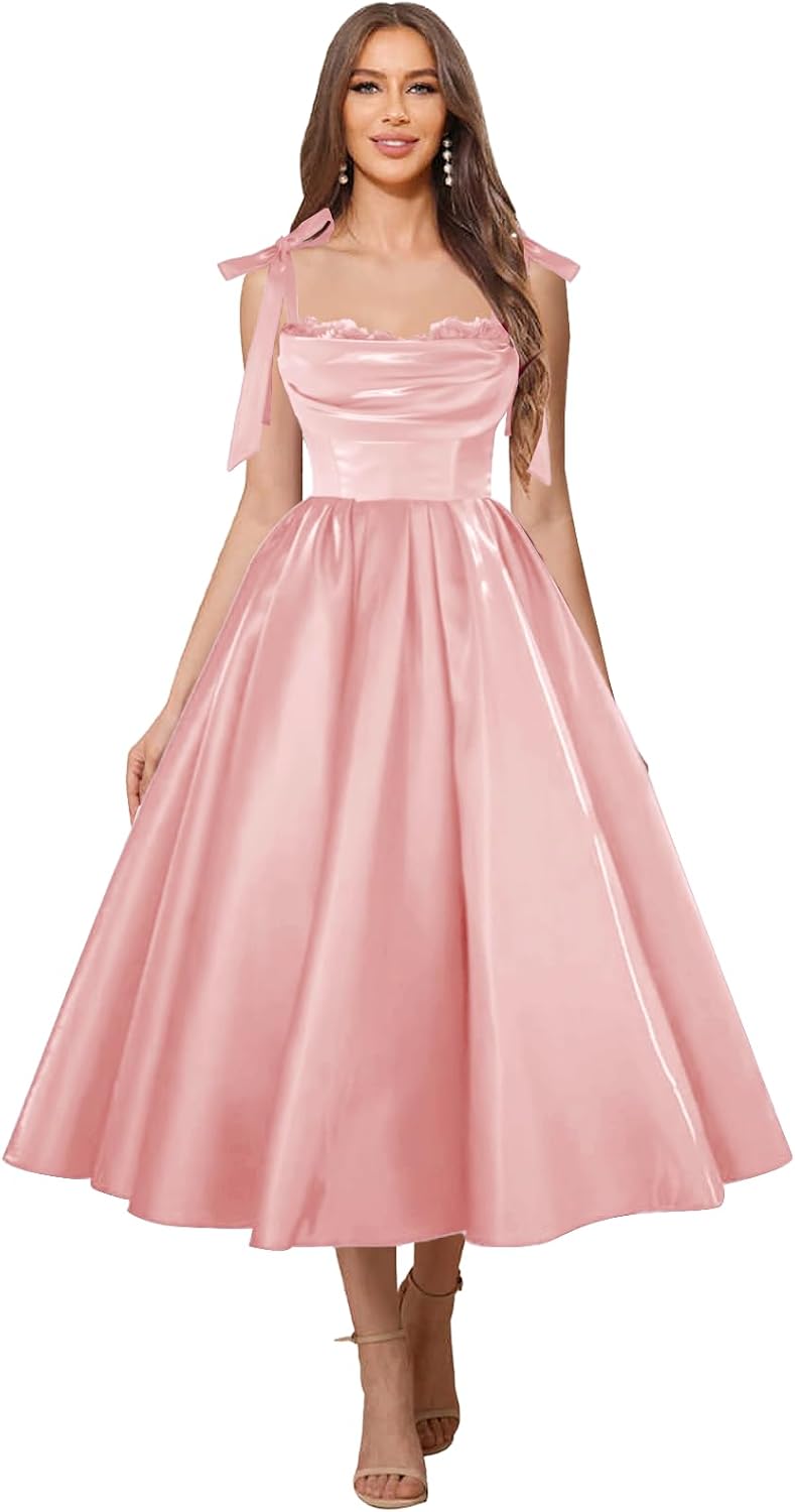 Satin Prom Dresses for Women Spaghetti Straps Corset A-Line Ball Formal Gowns Tea Length with Pockets