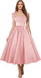 Satin Prom Dresses for Women Spaghetti Straps Corset A-Line Ball Formal Gowns Tea Length with Pockets