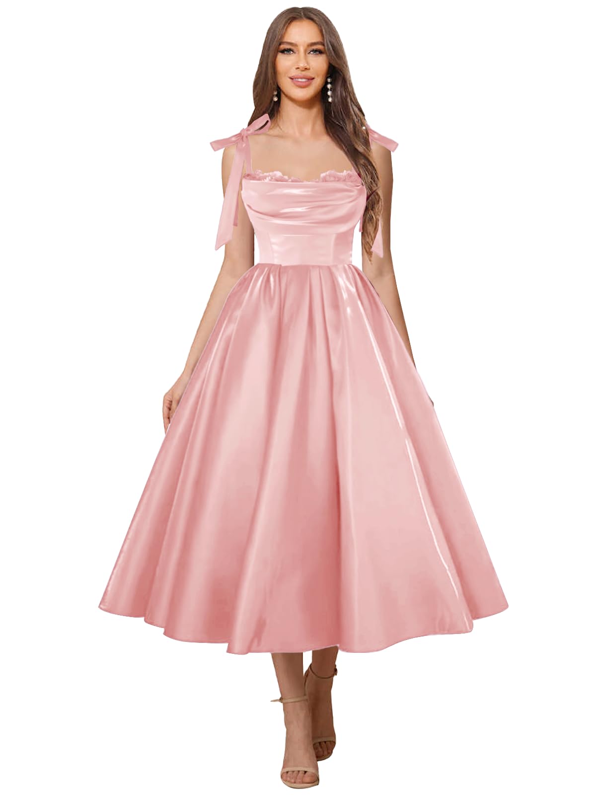 Satin Prom Dresses for Women Spaghetti Straps Corset A-Line Ball Formal Gowns Tea Length with Pockets