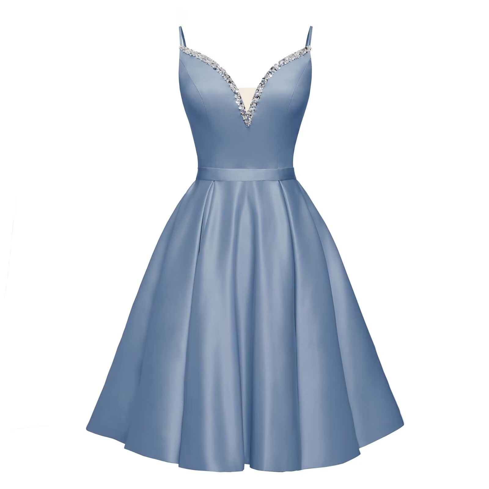 Spaghetti Straps Satin Homecoming Dresses for Teens V-Neck Short Prom Dress A-Line Beaded Cocktail Party Gowns