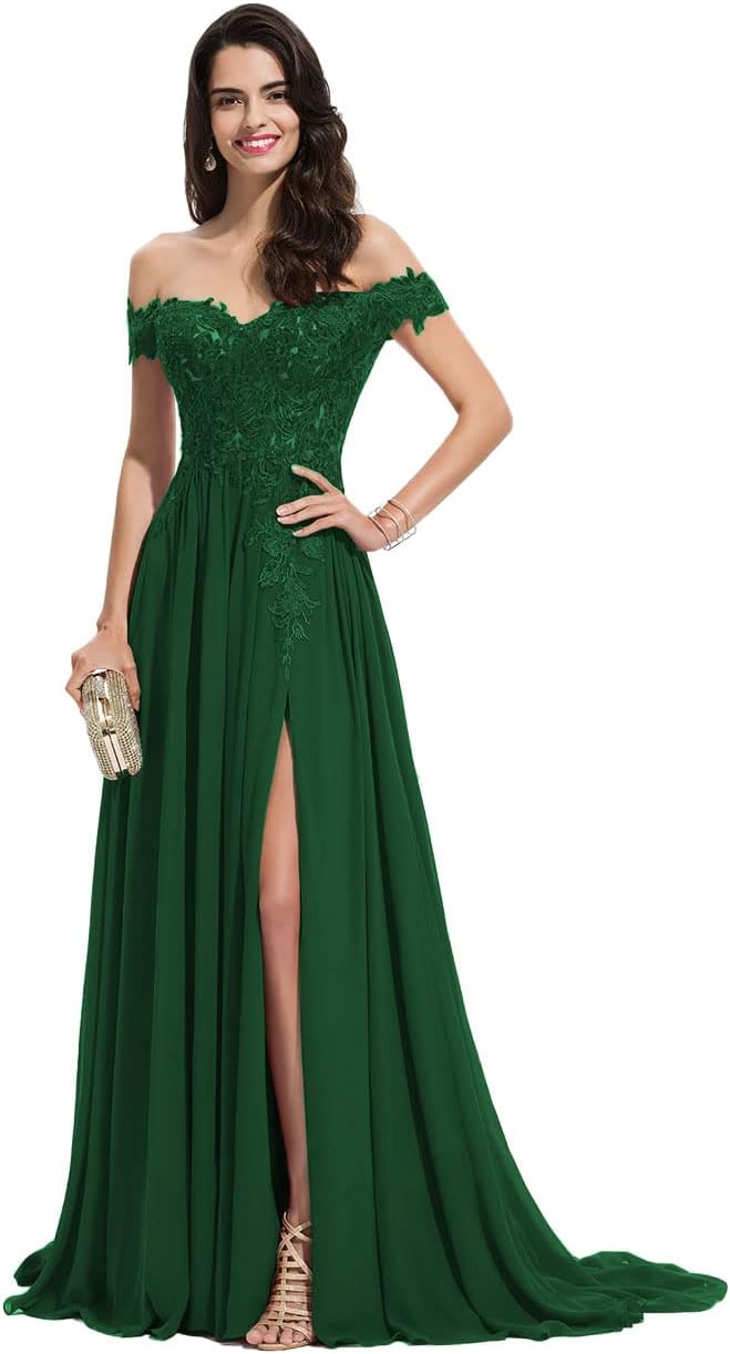 Women's Off The Shoulder Long Prom Dresses with Slit Lace Appliqued Chiffon Formal Party Gowns