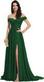 Women's Off The Shoulder Long Prom Dresses with Slit Lace Appliqued Chiffon Formal Party Gowns