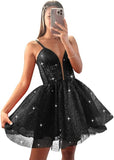 Glitter Tulle Homecoming Dresses for Teens Spaghetti V Neck Short Prom Dresses A Line Mini Cocktail Party Gowns