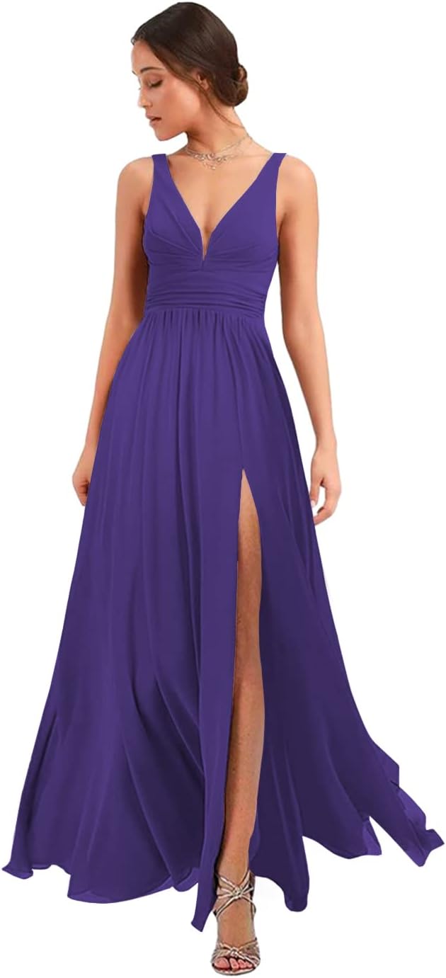 Women's Deep V Neck Bridesmaid Dresses with Slit Chiffon Pleats A Line Formal Party Dresses with Pockets