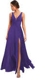 Women's Deep V Neck Bridesmaid Dresses with Slit Chiffon Pleats A Line Formal Party Dresses with Pockets