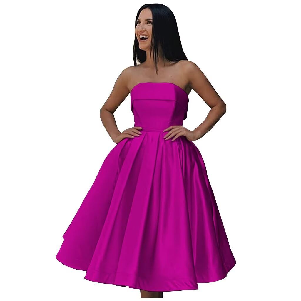 Tea Length Satin Cocktail Party Dresses for Women, Strapless Formal Evening Prom Gown Homecoming Graduation Dresses