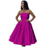 Tea Length Satin Cocktail Party Dresses for Women, Strapless Formal Evening Prom Gown Homecoming Graduation Dresses